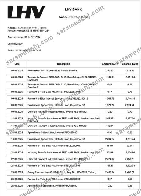 Estonia LHV Bank account statement Word and PDF template